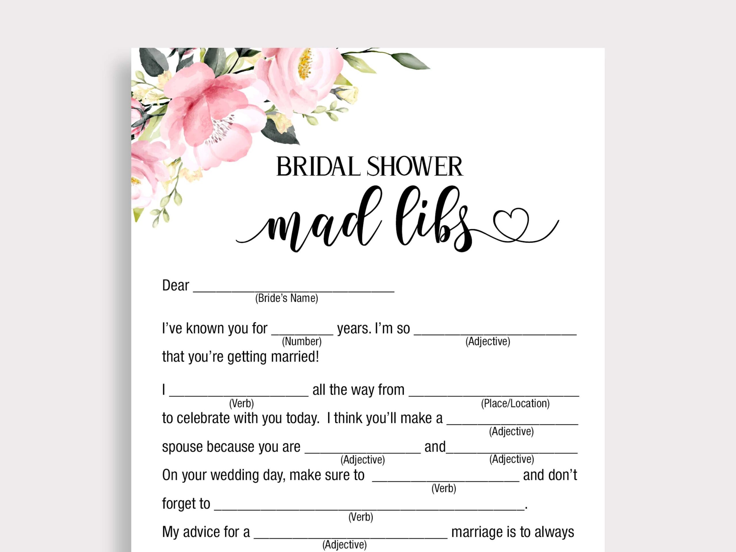 Bridal Shower Mad Libs Floral Bridal Mad Libs Mad Libs Bride Advice Pink Wedding Shower Game Madlibs Funny Bridal Shower Games P18 Etsy