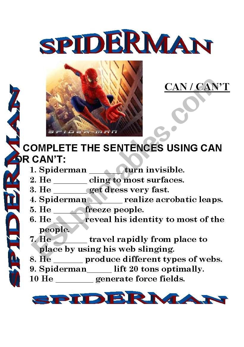 CAN CAN T SPIDERMAN ESL Worksheet By My Favorite Worksheets