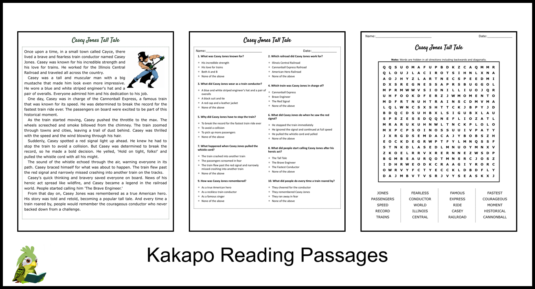 Casey Jones Tall Tale Reading Comprehension And Word Search Teaching Resources