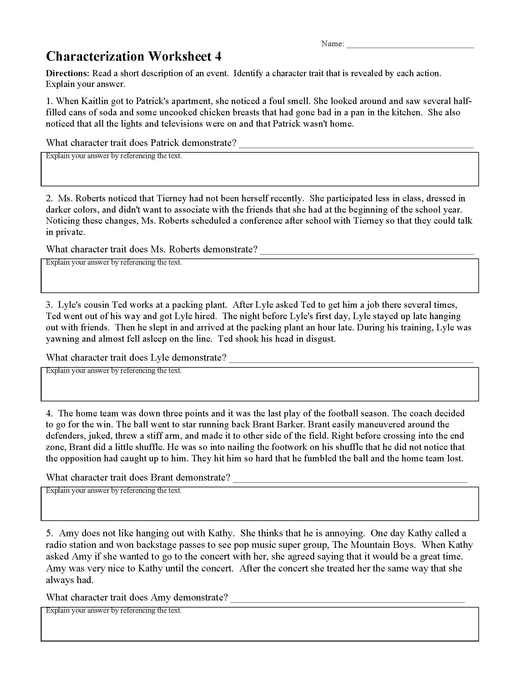 Characterizations Worksheet 4 Reading Activity