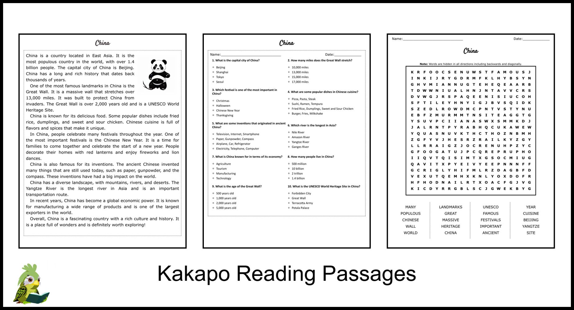China Reading Comprehension And Word Search Teaching Resources