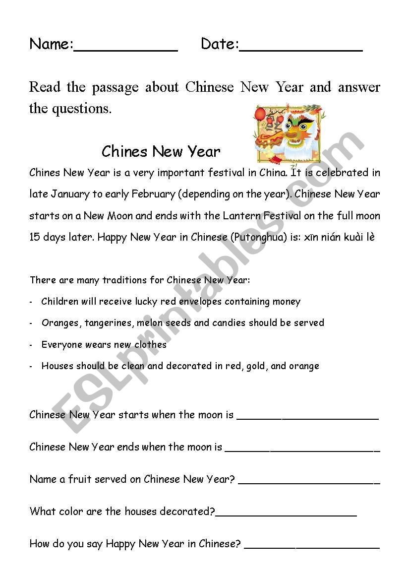 New Year Comprehension Reading Worksheet