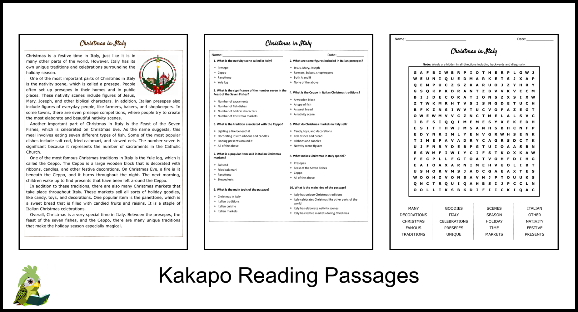 Christmas In Italy Reading Comprehension And Word Search Teaching Resources