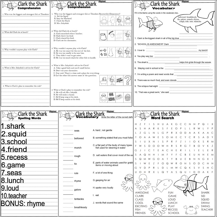 Clark The Shark Back To School Book Companion Reading Comprehension Worksheets