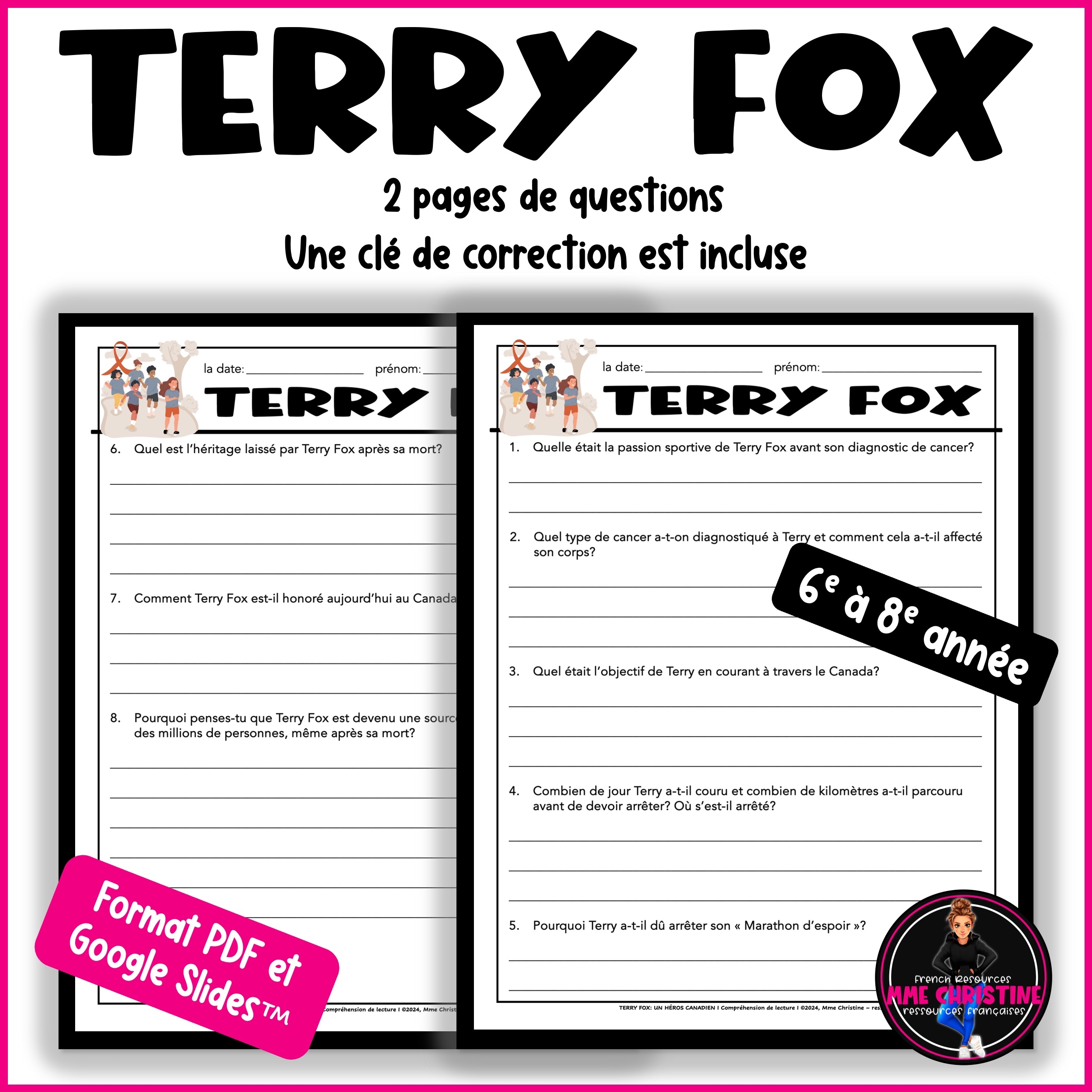 Compr hension De Lecture TERRY FOX French Reading Comprehension Mme Christine Ressources Fran aises French Resources