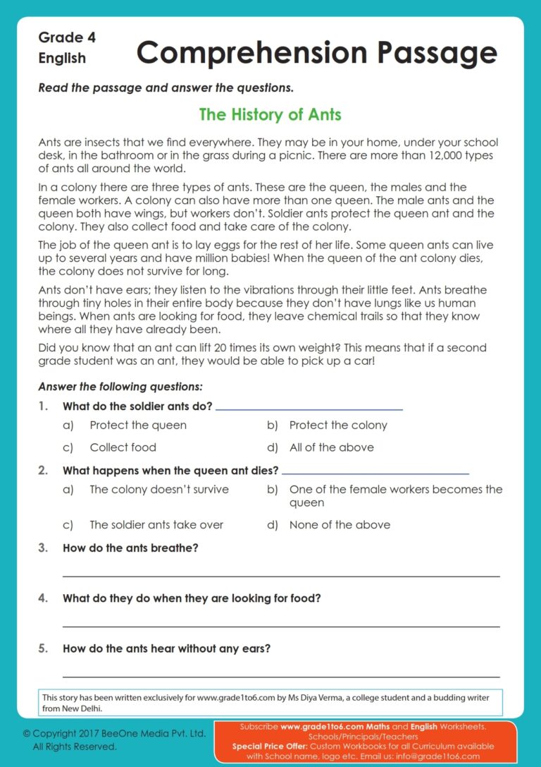 Comprehension Passage For Grade 4 Grade1to6