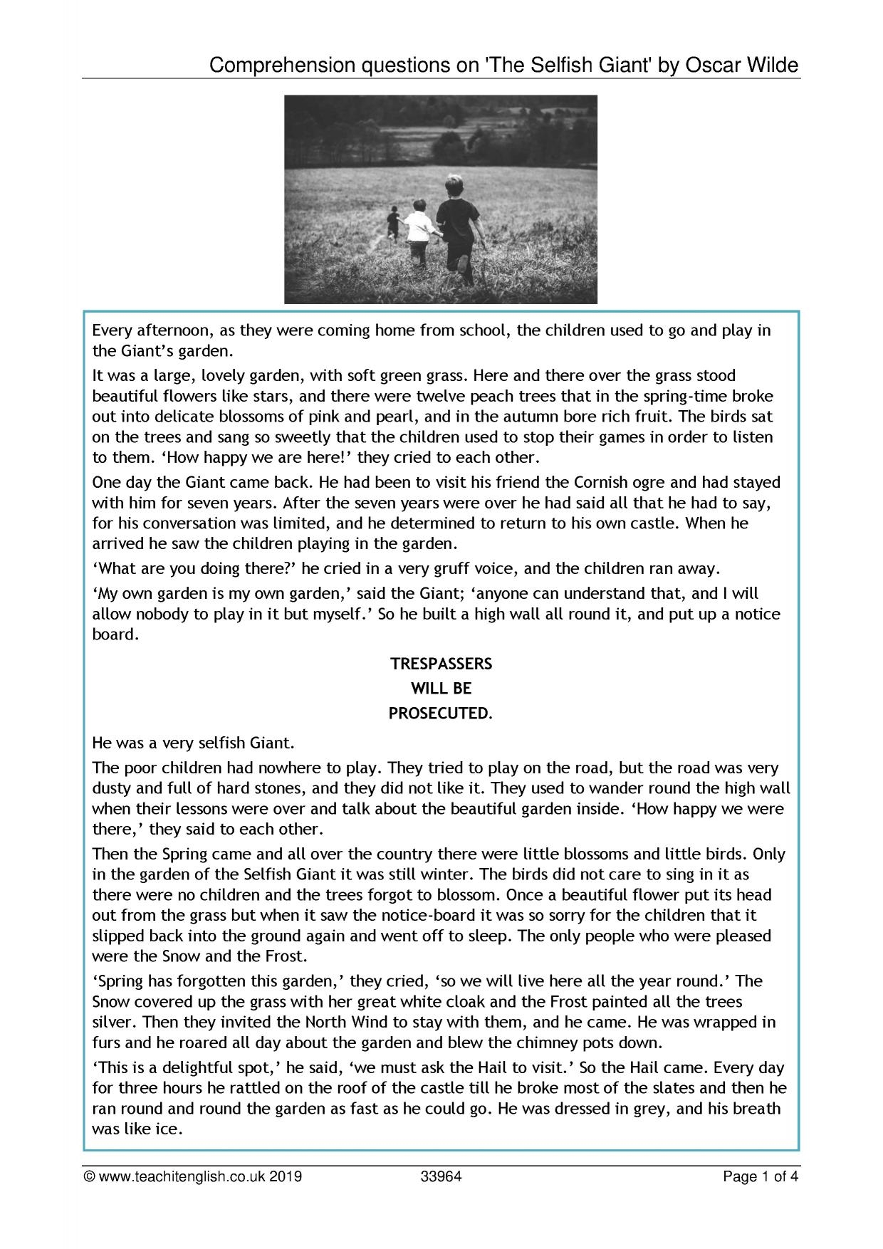 Comprehension The Selfish Giant Oscar Wilde KS3 Teachit