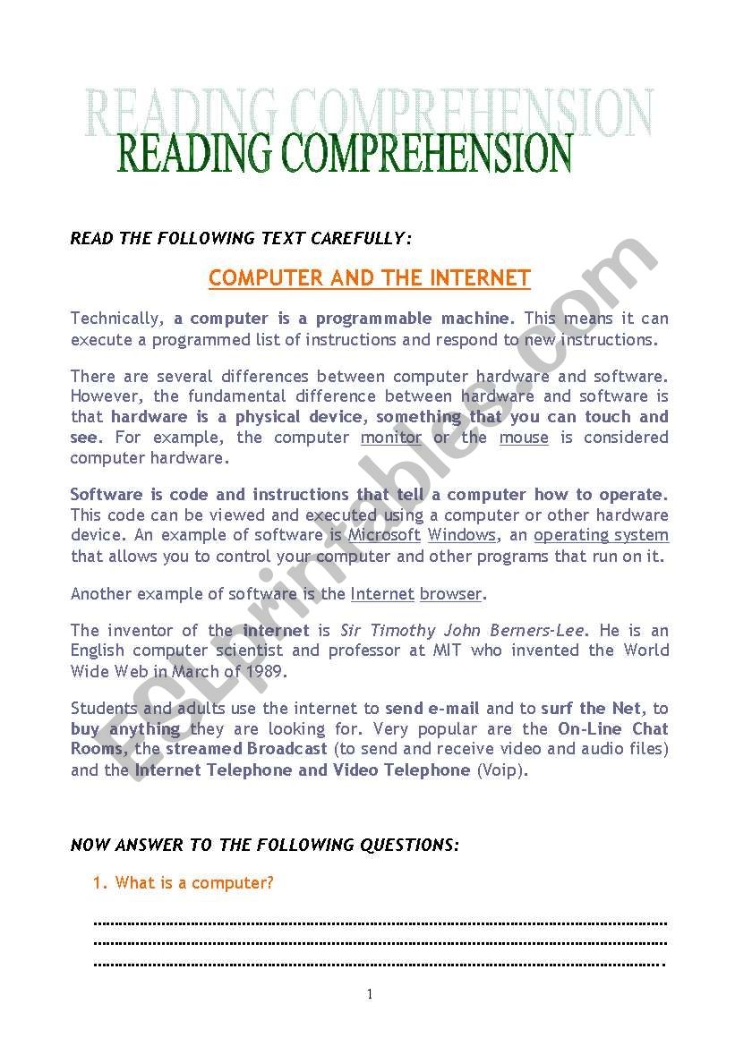 COMPUTER AND THE INTERNET ESL Worksheet By Deboravesce