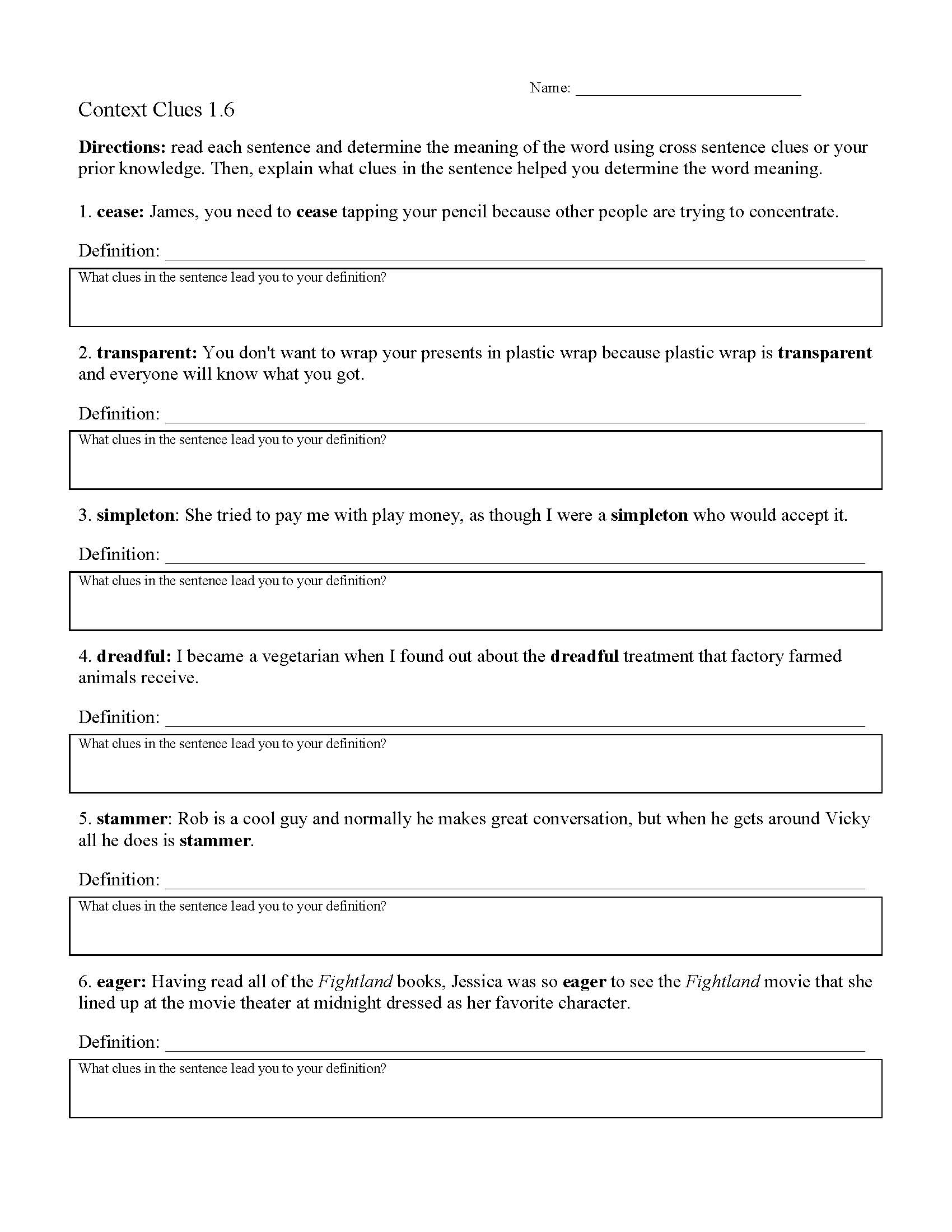 Context Clues Worksheets Ereading Worksheets