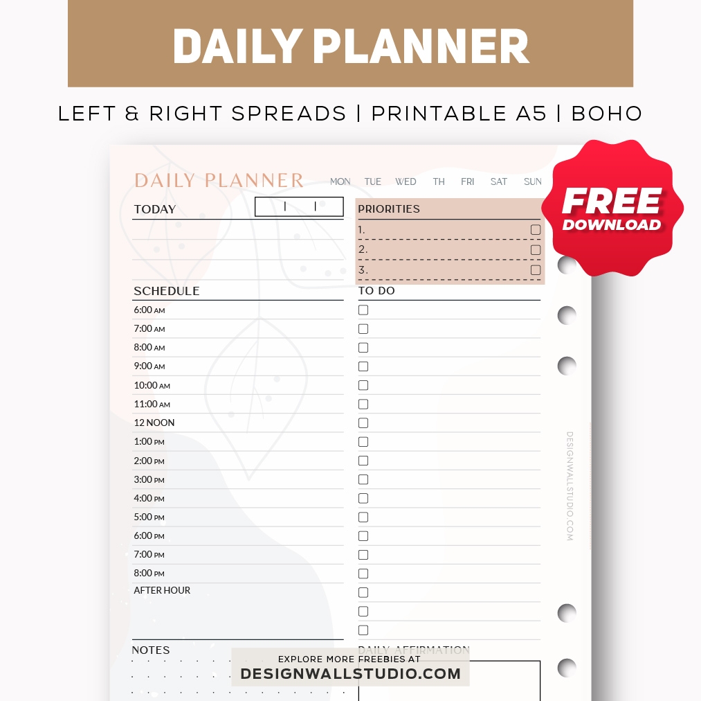 Daily Planner Printable Insert A5 Free PDF Download Two Page Layout 3 Versions