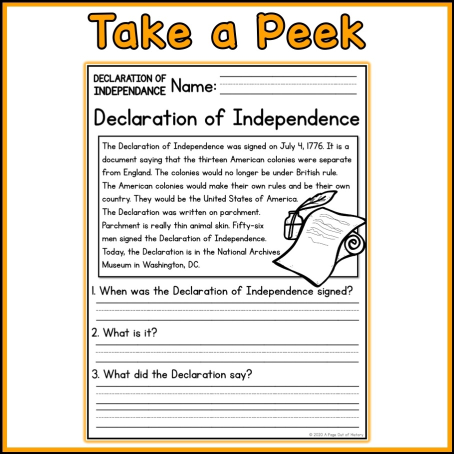 Declaration Of Independence Social Studies Reading Comprehension Passages