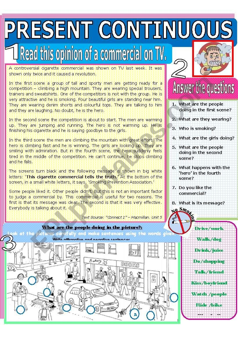 Describing Commercials Present Continuous Reading Comprehension Article About Acontroversial Cigarette Commercial Shown On TV ESL Worksheet By Samantha esl