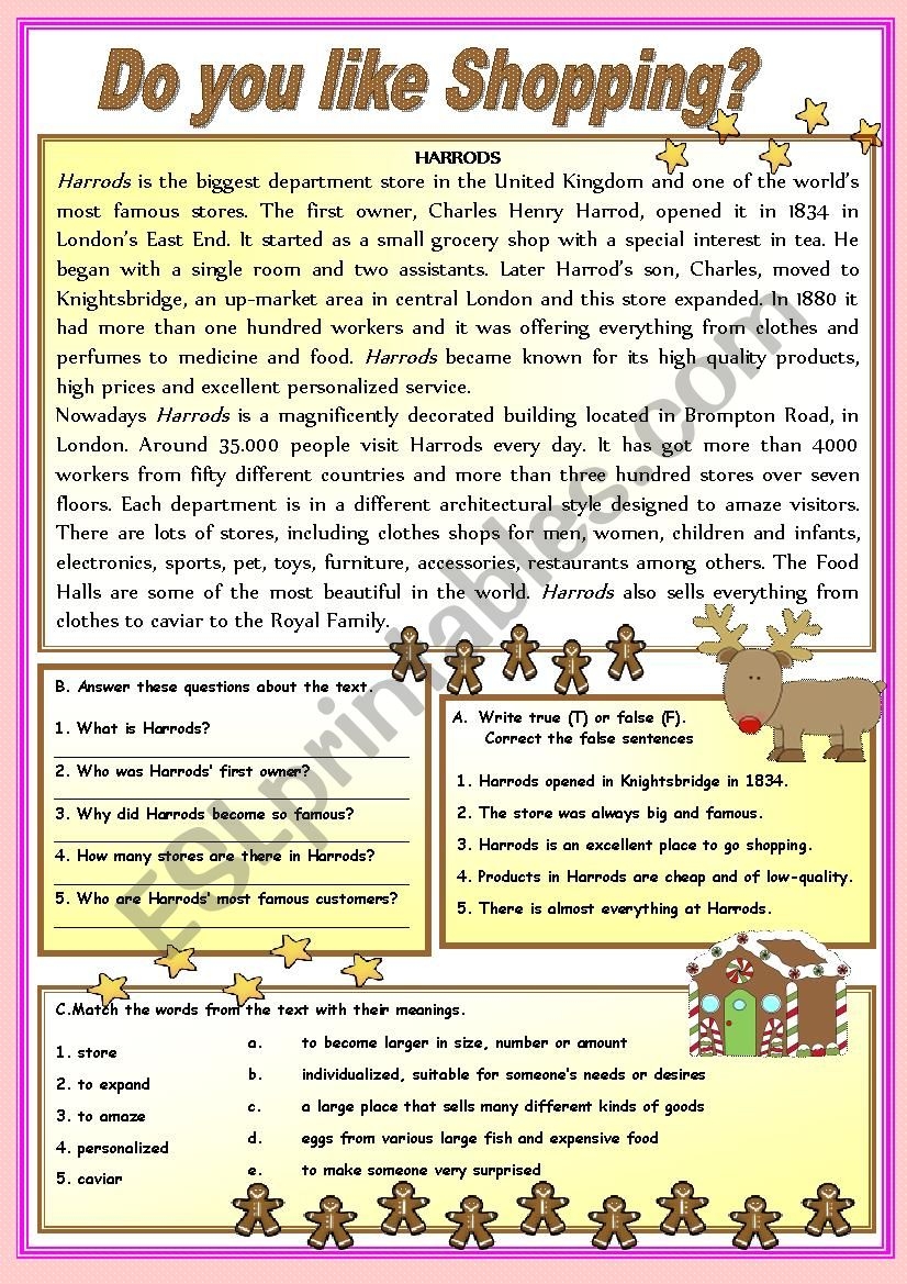 Do You Like Shopping Reading Comprehension ESL Worksheet By Thumbelina17