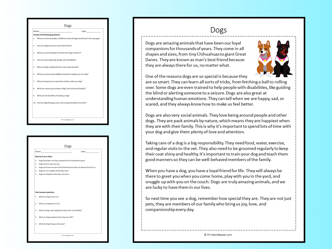Reading Comprehension Worksheets About Dogs