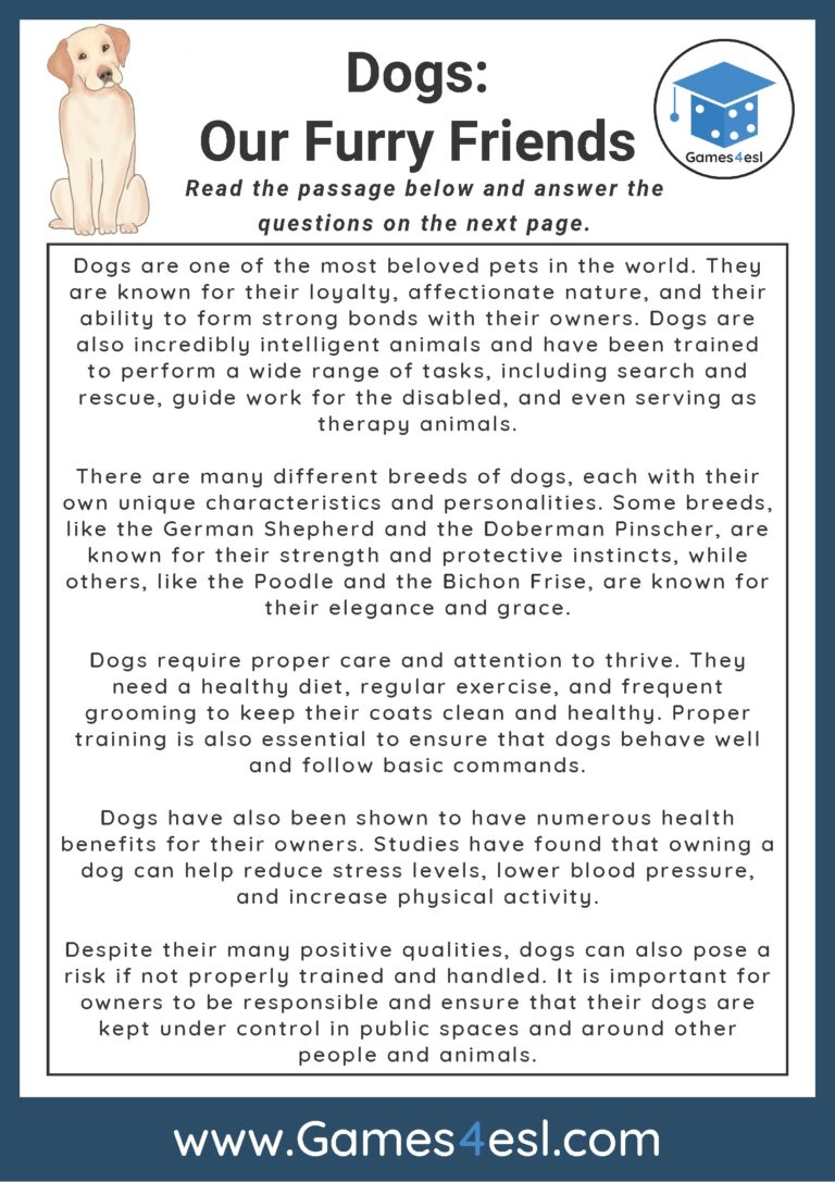 Dogs Reading Comprehension Worksheet Games4esl