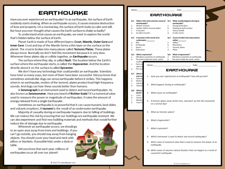 Earthquake Reading Comprehension Passage And Questions PDF Teaching Resources