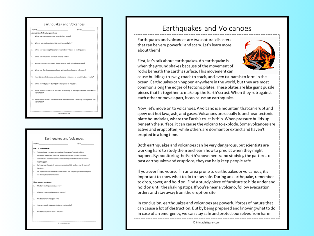 Earthquakes And Volcanoes Reading Comprehension Passage Printable Worksheet Teaching Resources