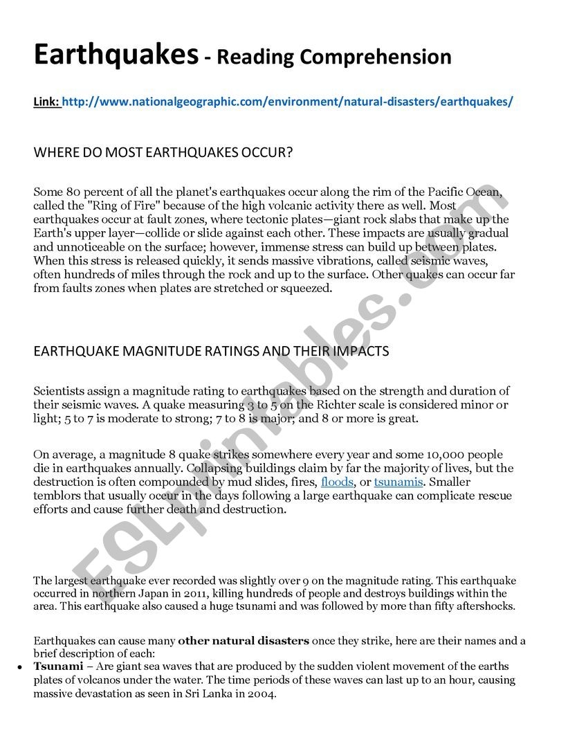 Reading Comprehension Worksheets About Earthquakes