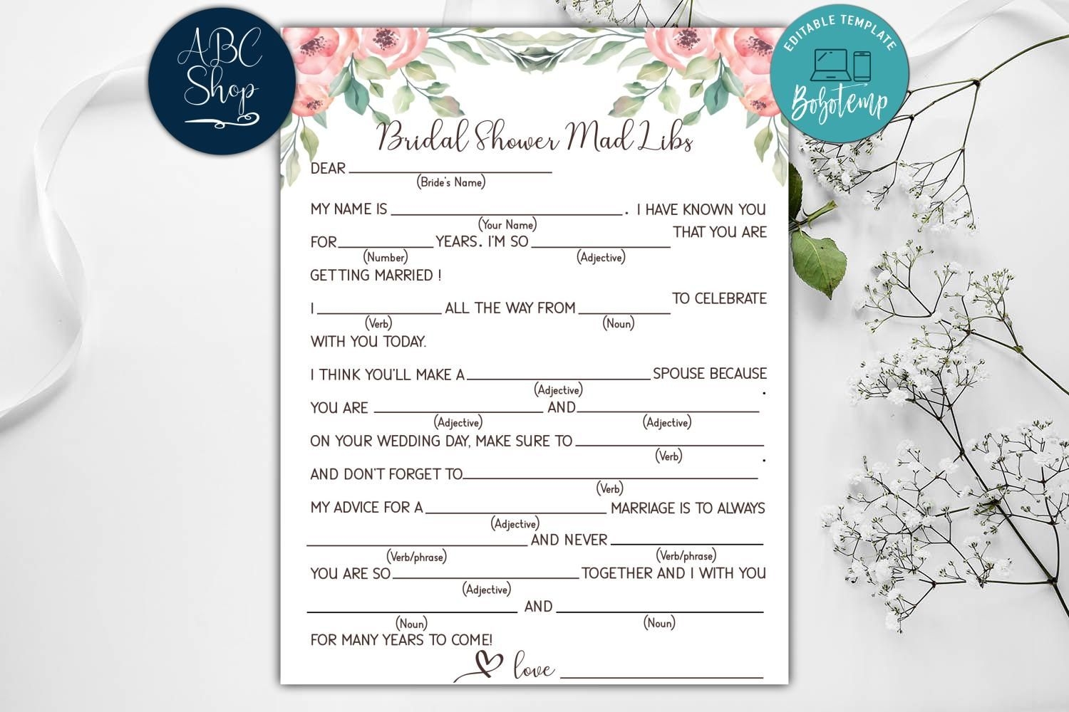 Bridal Shower Mad Libs Printable Free