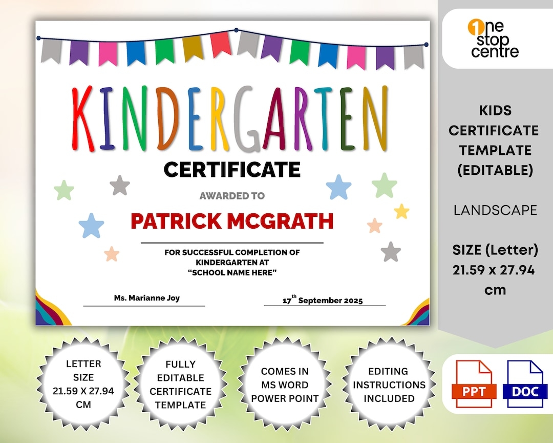 Editable Free Printable Kindergarten Certificate Templates