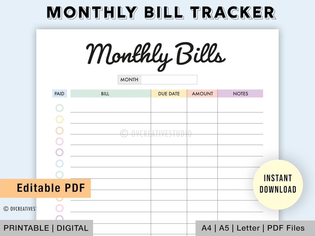Monthly Bill Organizer Free Printable
