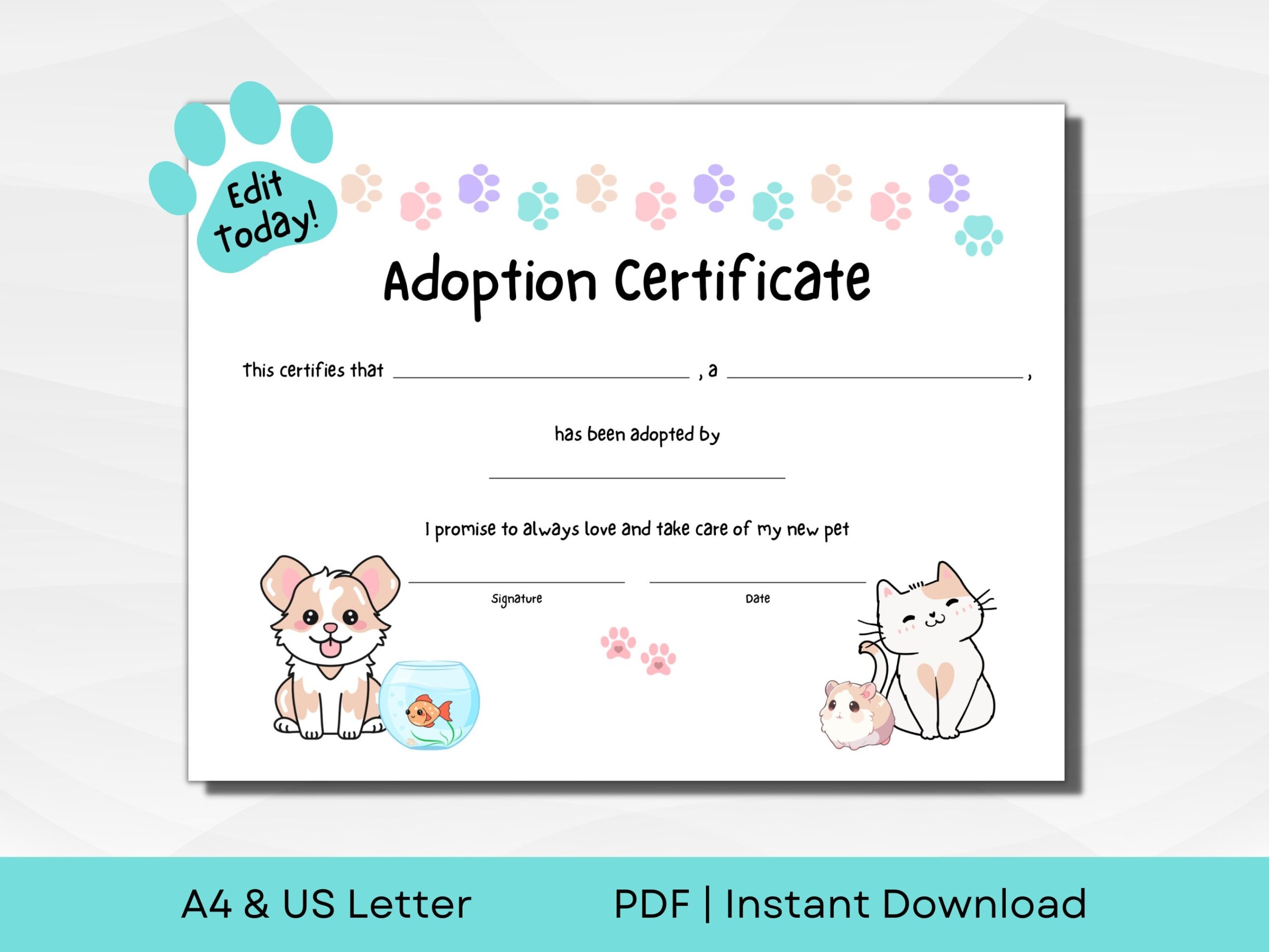 EDITABLE Pet Adoption Certificate For Adoption Pawty Shelter 