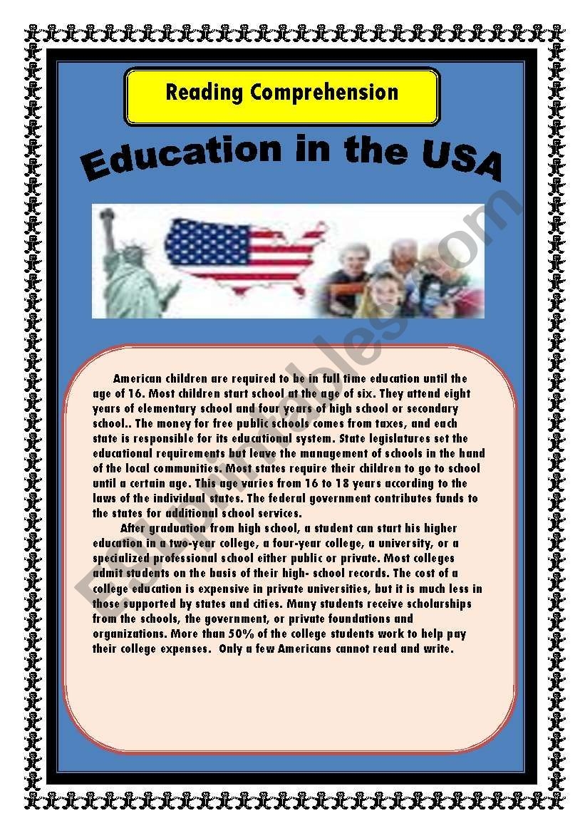 Education In The USA Reading Comprehenson ESL Worksheet By Zizou27300