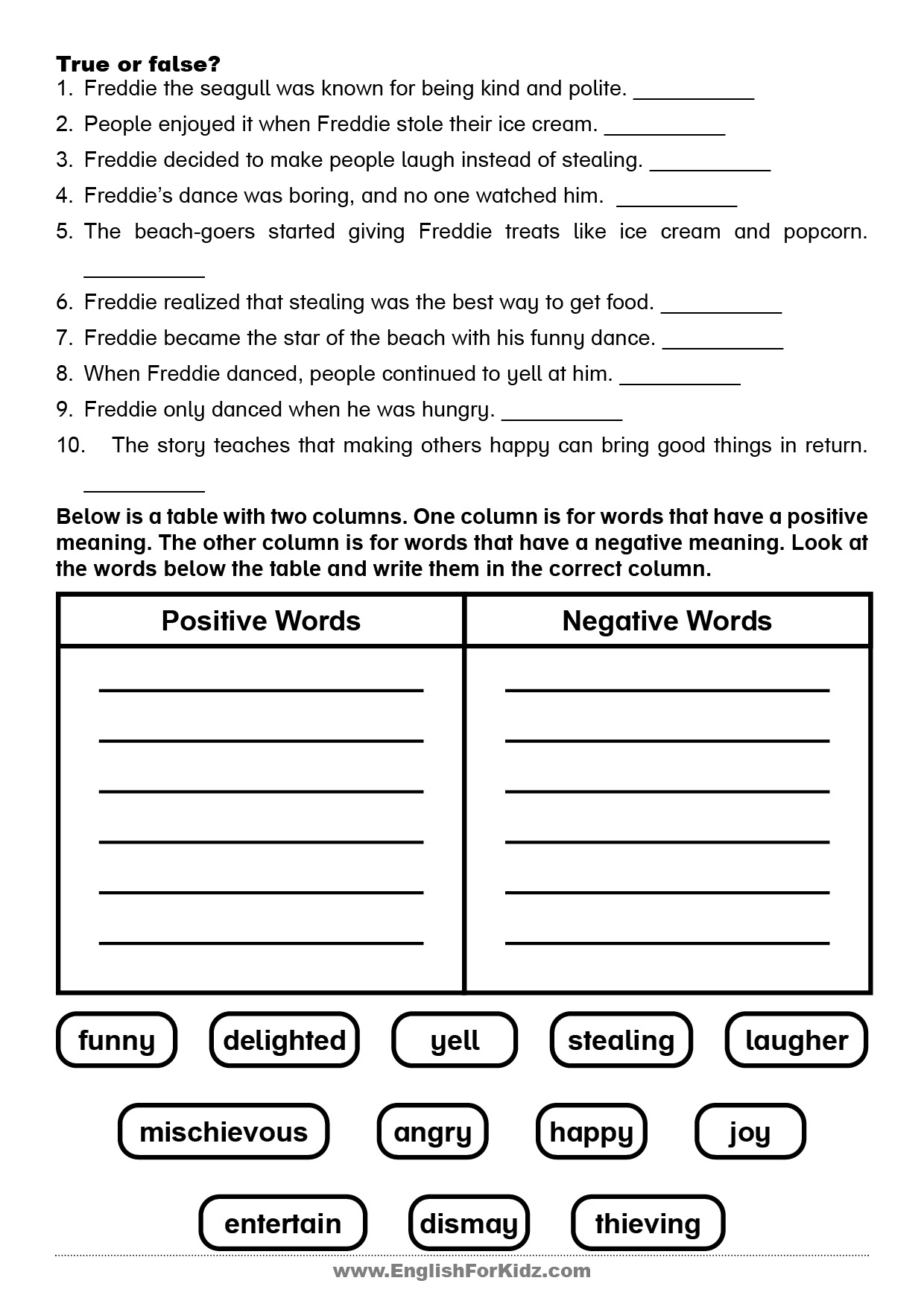 Reading Comprehension True Or False Worksheets