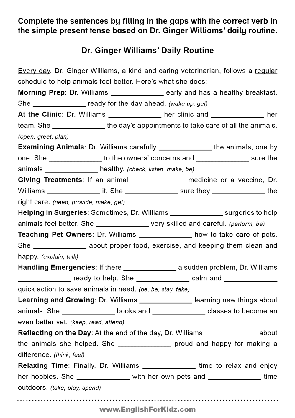 Simple Present Tense Reading Comprehension Worksheets