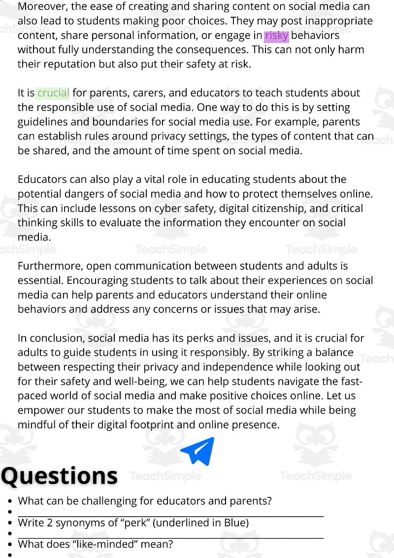 ESL Reading Comprehension Writing Activity Worksheet On Social Media