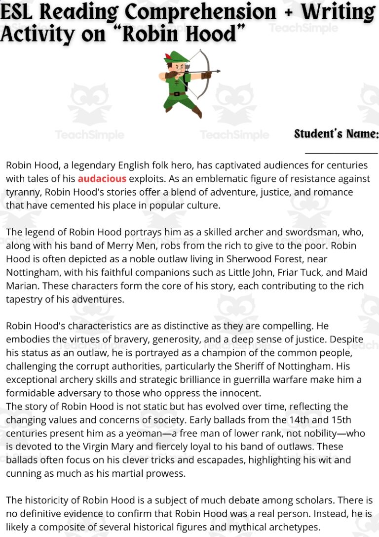 ESL Reading Comprehension Writing Activity Worksheets On Robin Hood