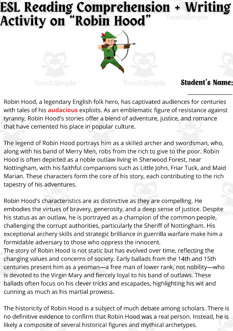 ESL Reading Comprehension Writing Activity Worksheets On Robin Hood