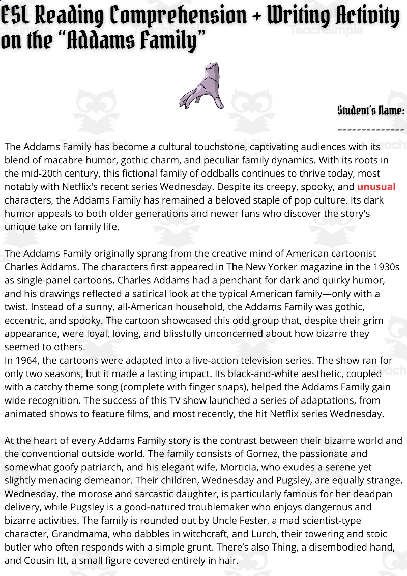 ESL Reading Comprehension Writing Activity Worksheets On The Addams