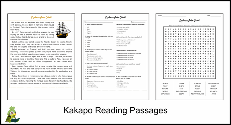 Explorer John Cabot Reading Comprehension And Word Search 