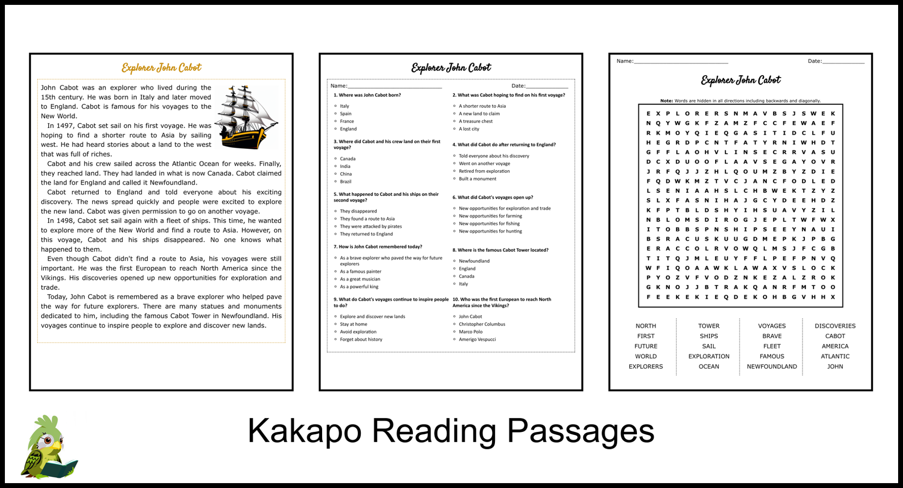Explorer John Cabot Reading Comprehension And Word Search 