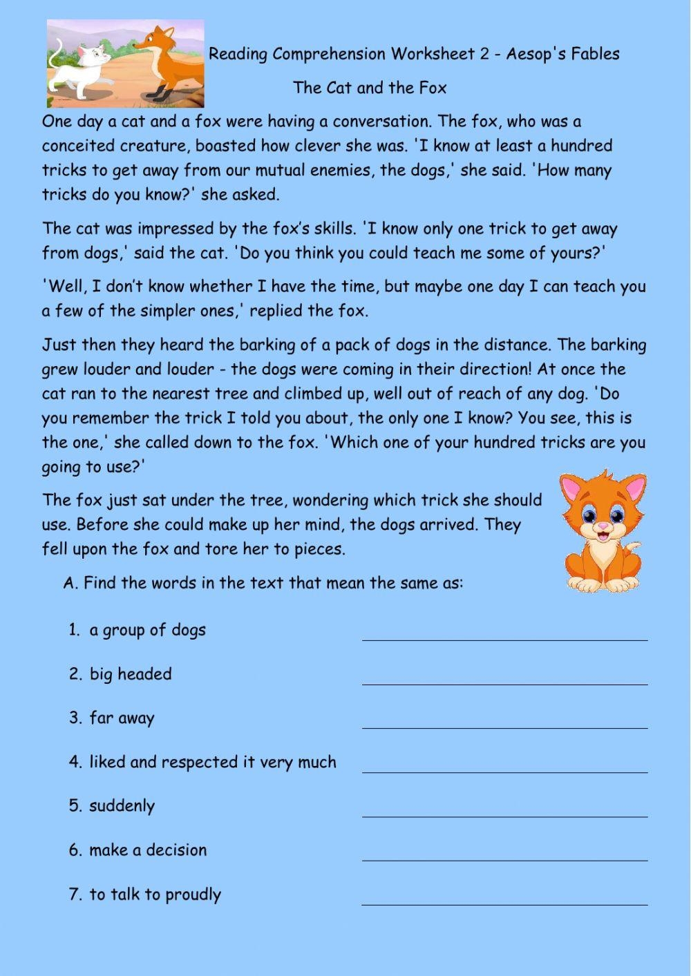 Reading Comprehension Aesop Fables Worksheets