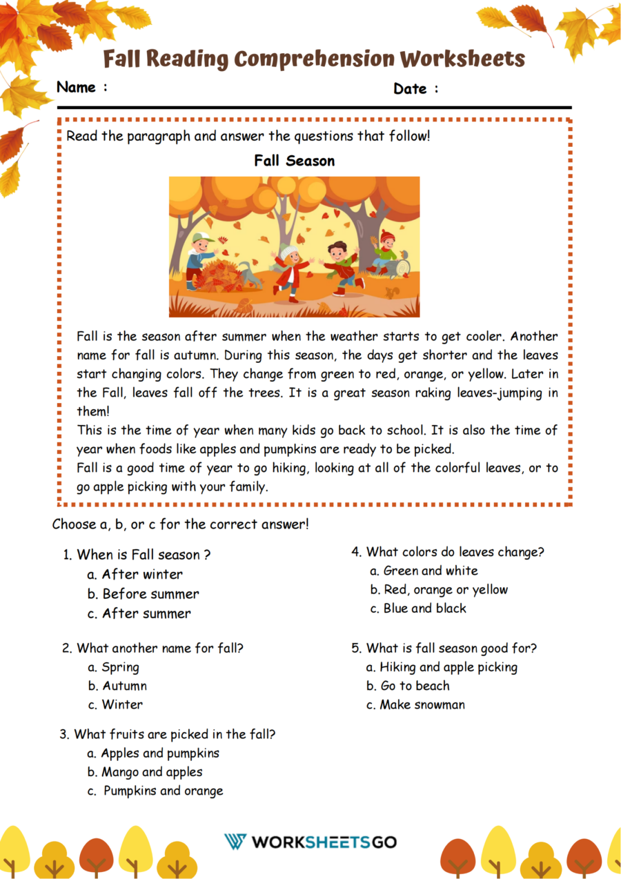 Fall Reading Comprehension Worksheets WorksheetsGO