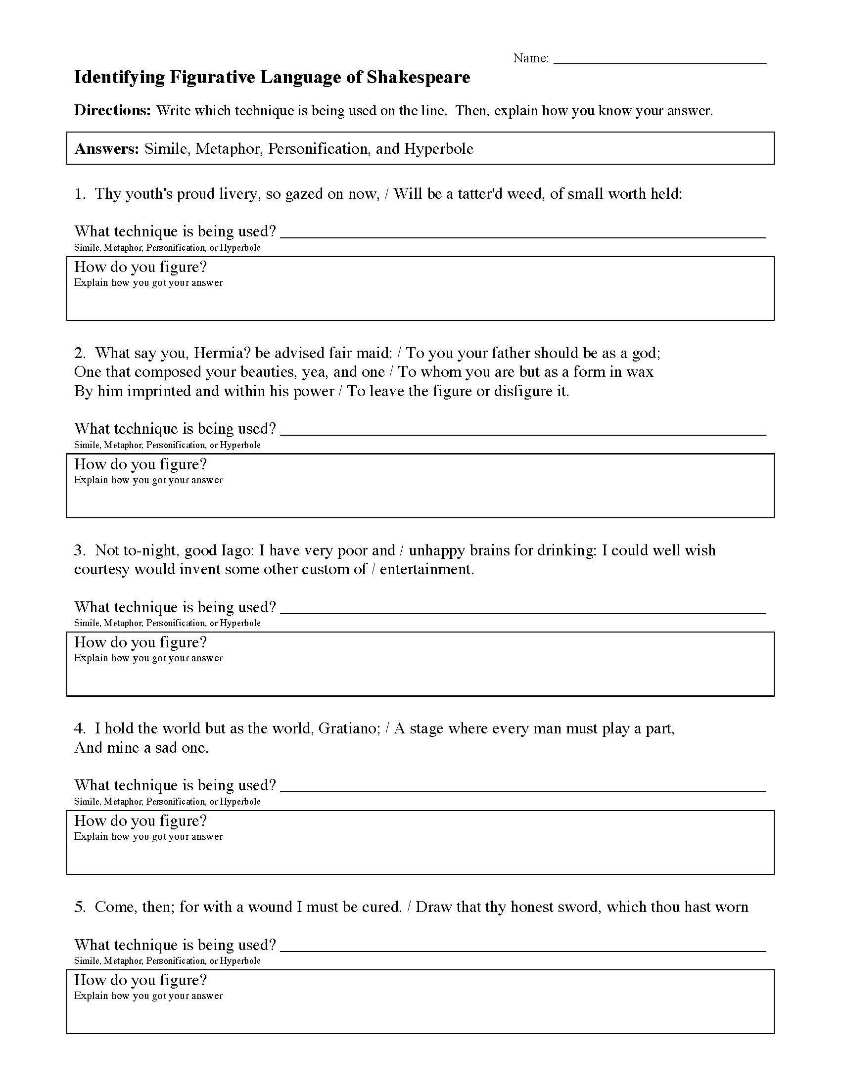 Shakespeare Reading Comprehension Worksheets Pdf