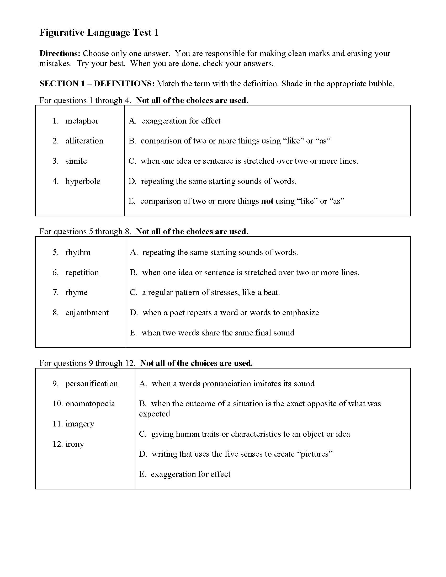 Figurative Language Reading Comprehension Worksheets