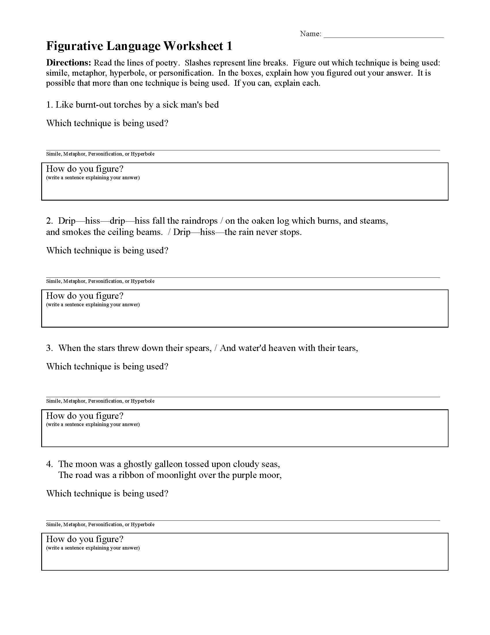 Figurative Language Worksheet 1 Reading Activity