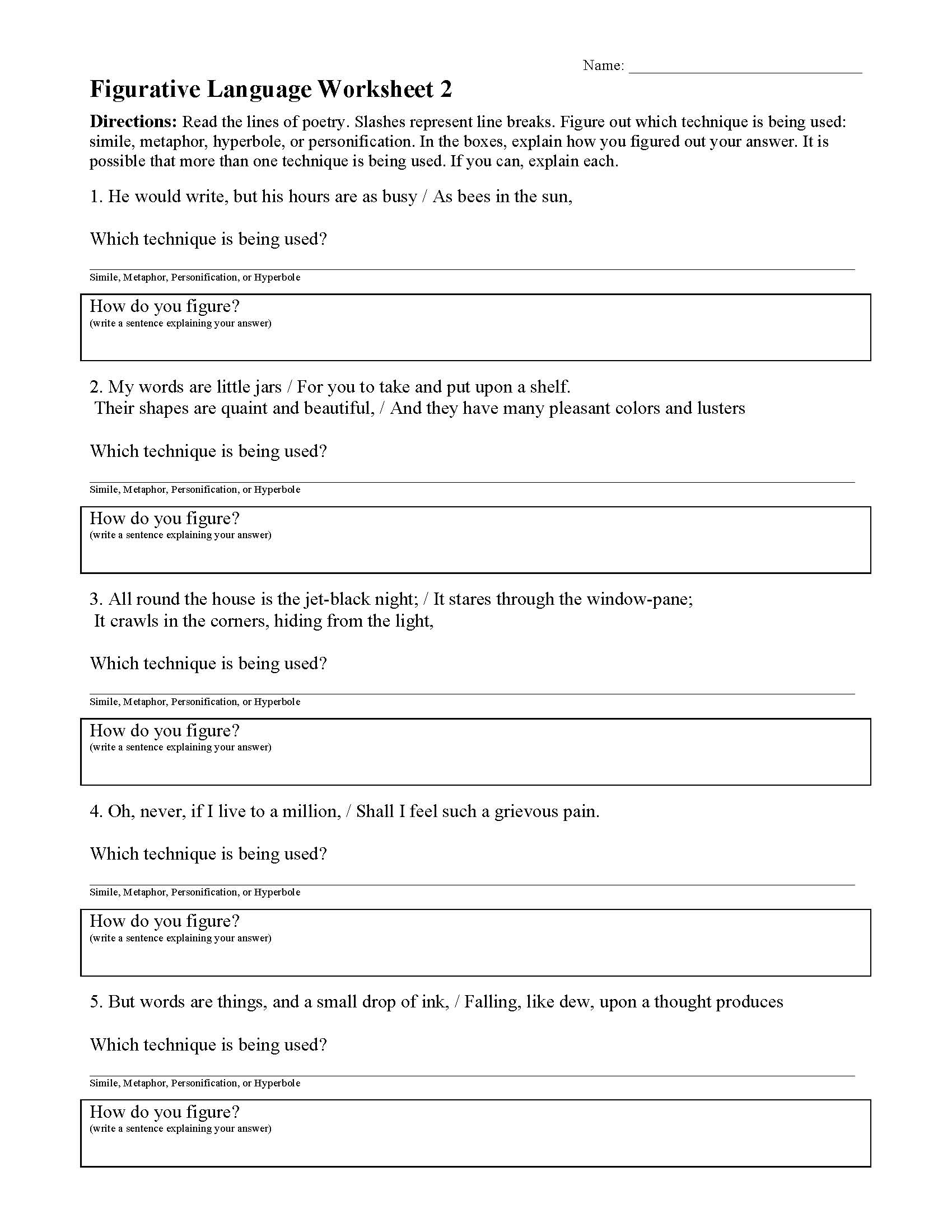 Figurative Language Worksheets Reading Activities