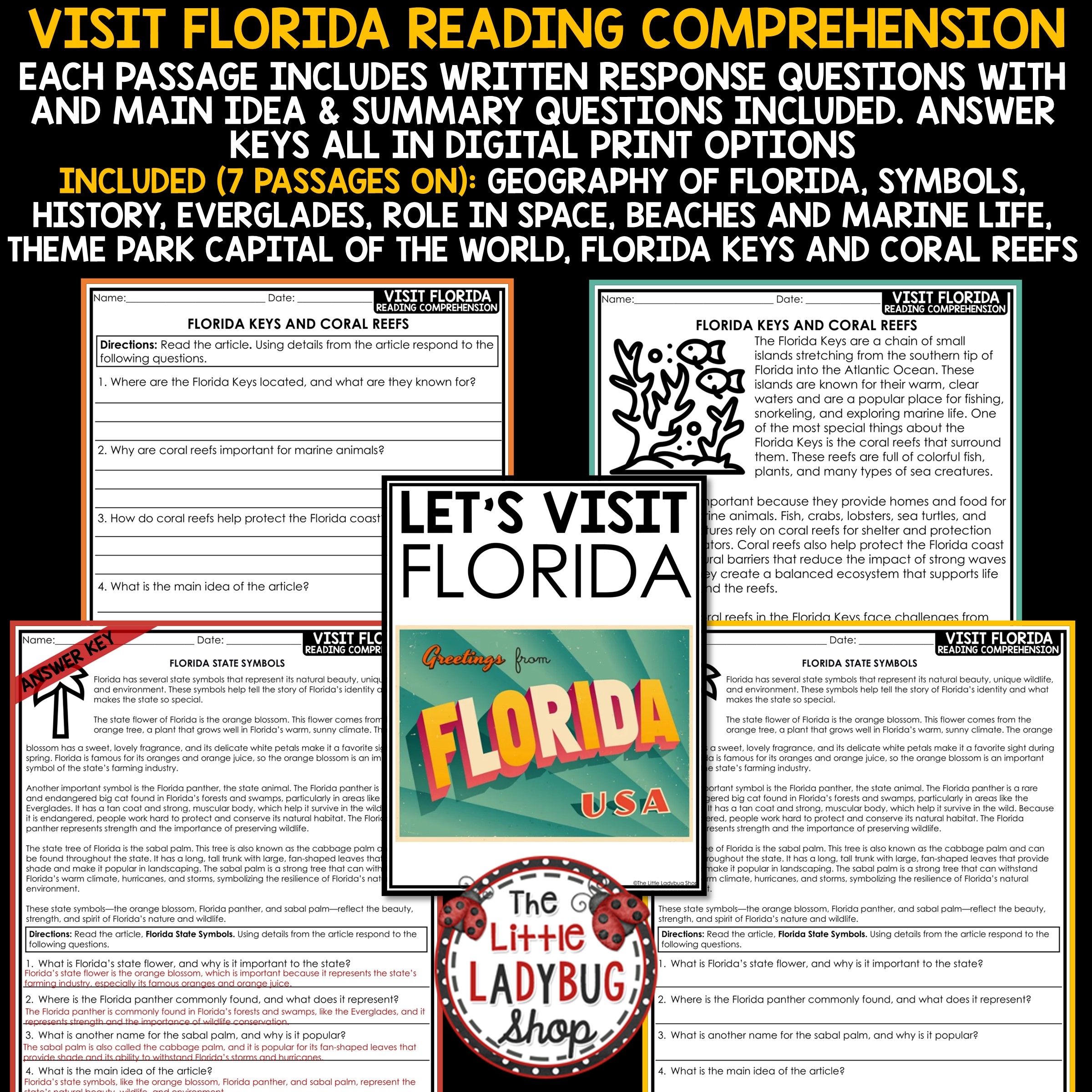 Florida State Symbols Geography Reading Passages 3rd 4th Grade The Little Ladybug Shop
