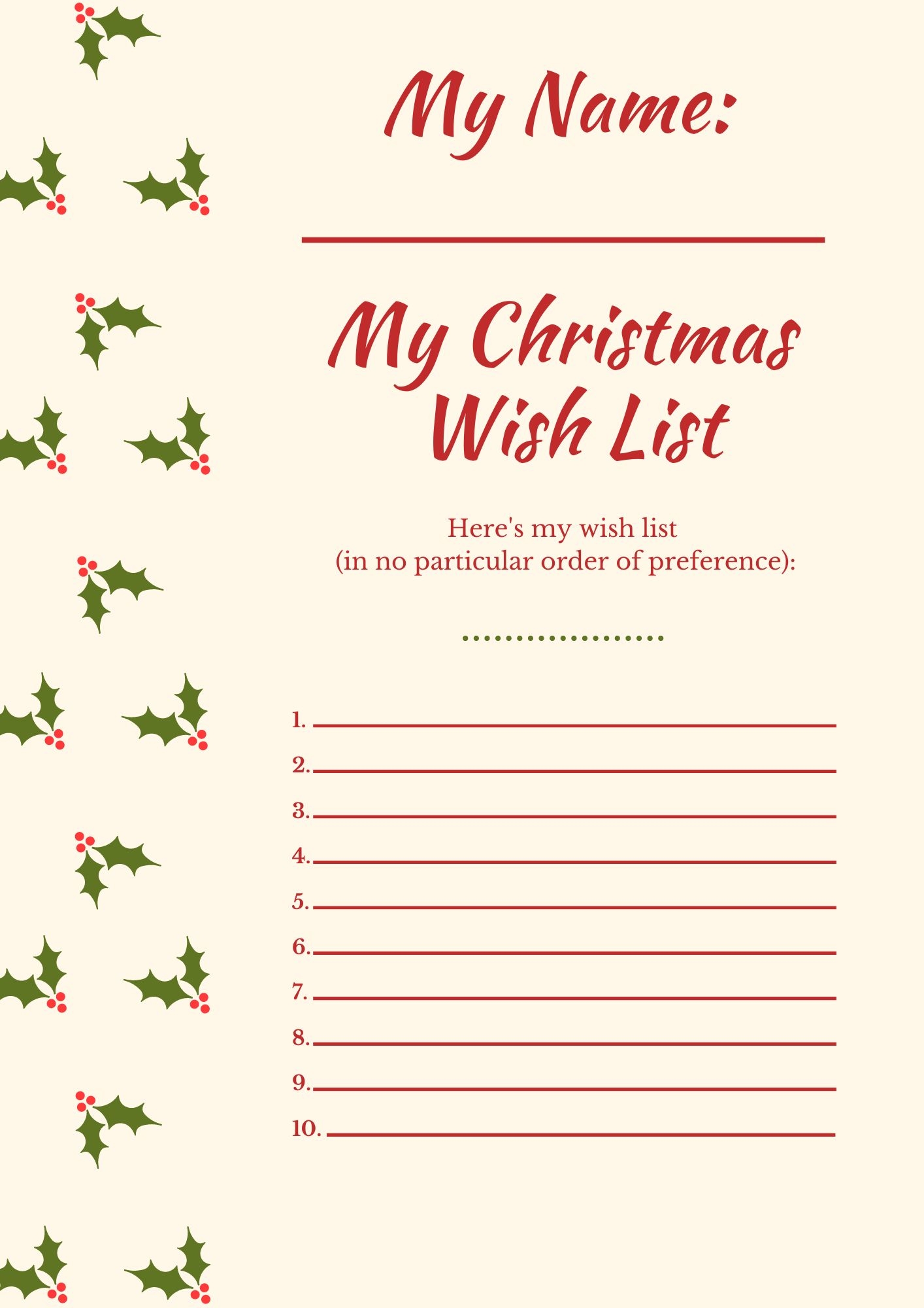 Christmas Wishlist Template Free Printable