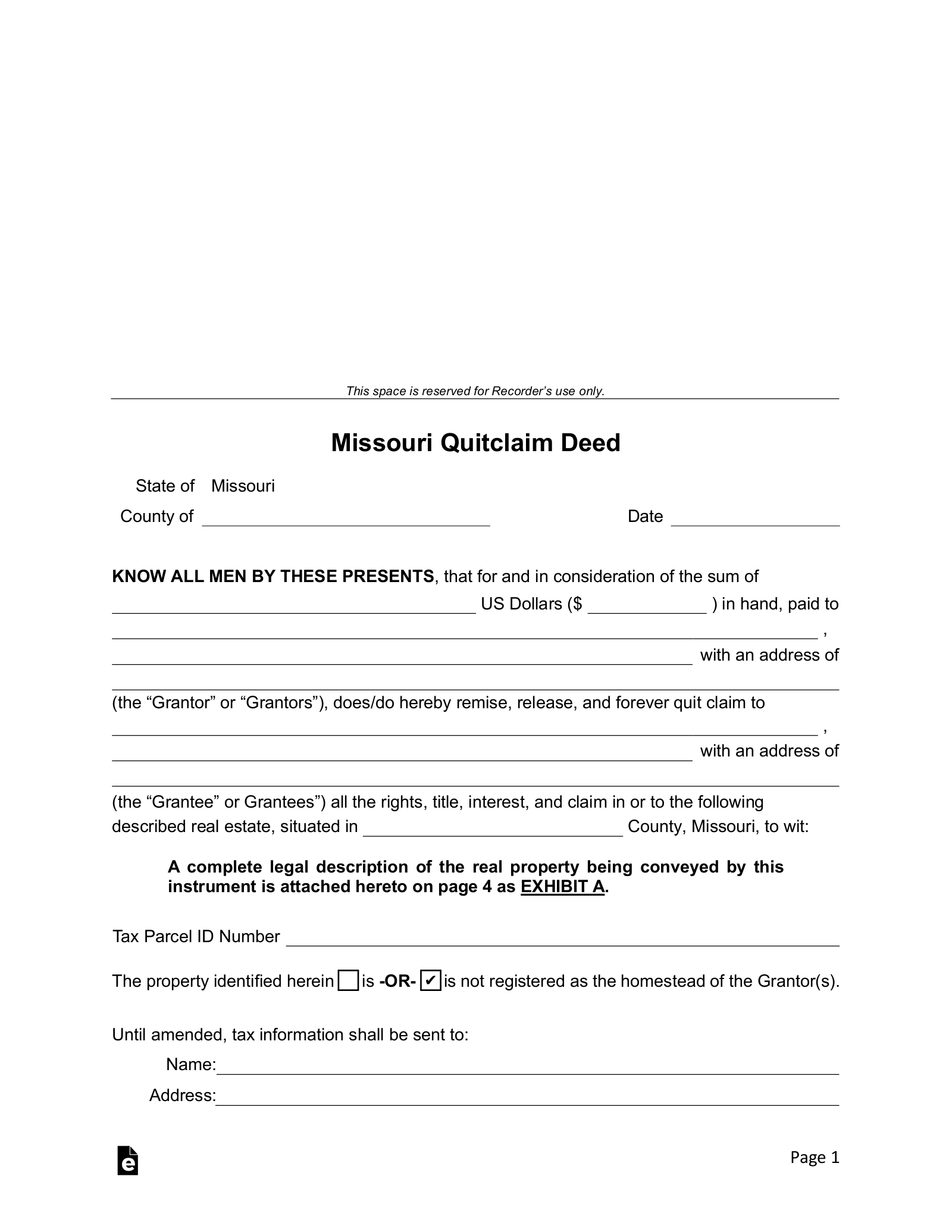 Free Missouri Quit Claim Deed Form PDF Word EForms
