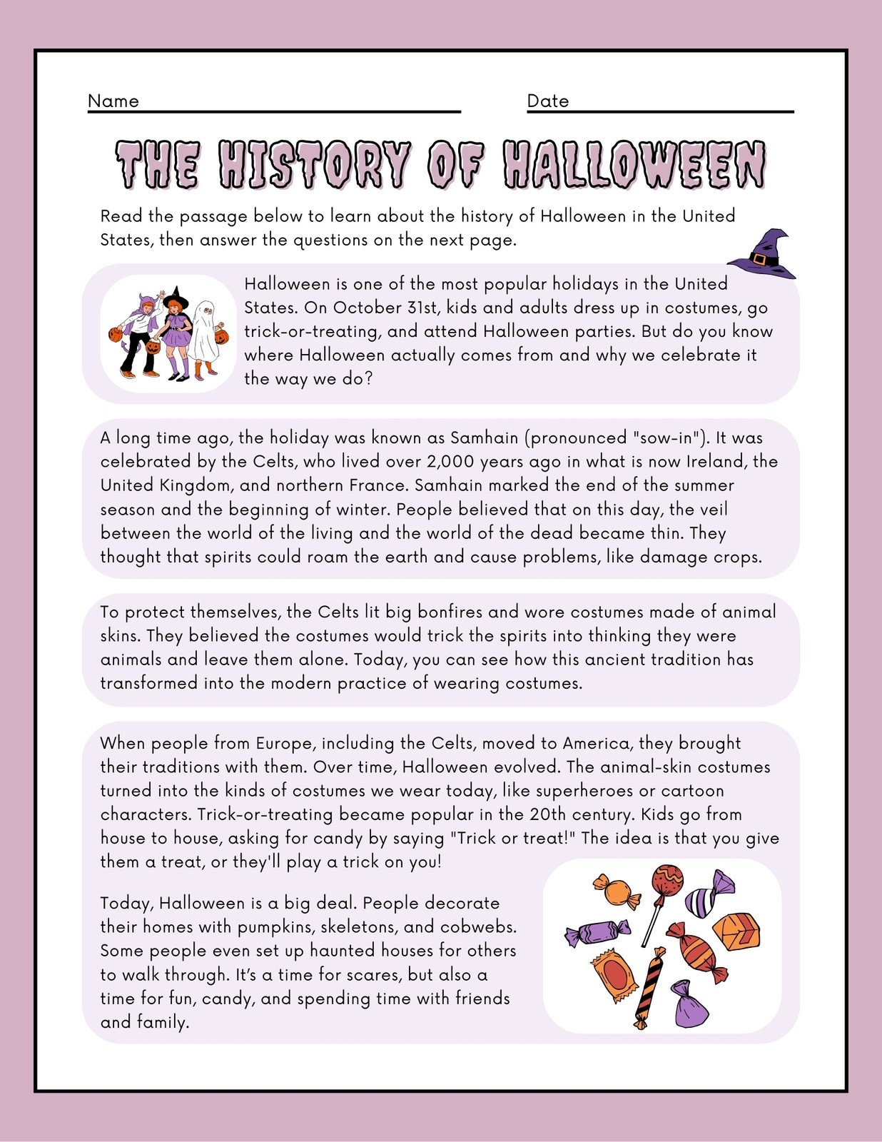 History Of Halloween Reading Comprehension Worksheets