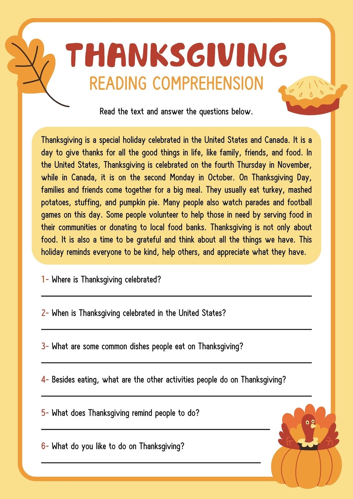 Thanksgiving Reading Comprehension Worksheets 1st Grade
