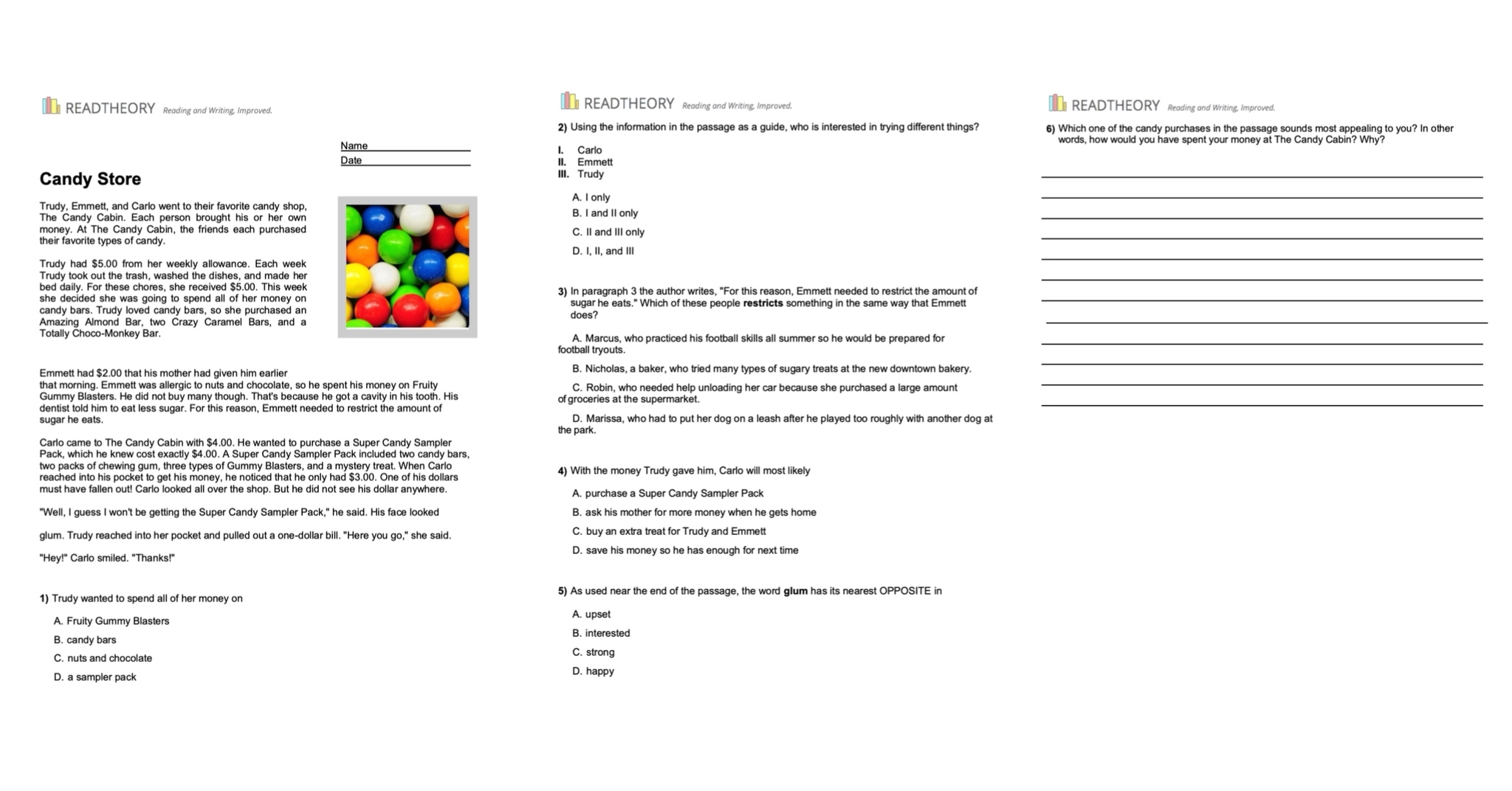 Reading Comprehension Worksheets Grade 6 Pdf