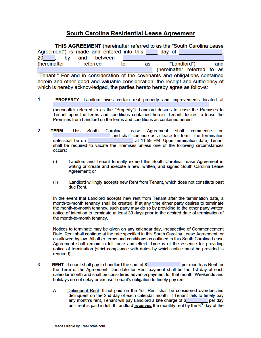 Free South Carolina Rental Lease Agreement Templates PDF