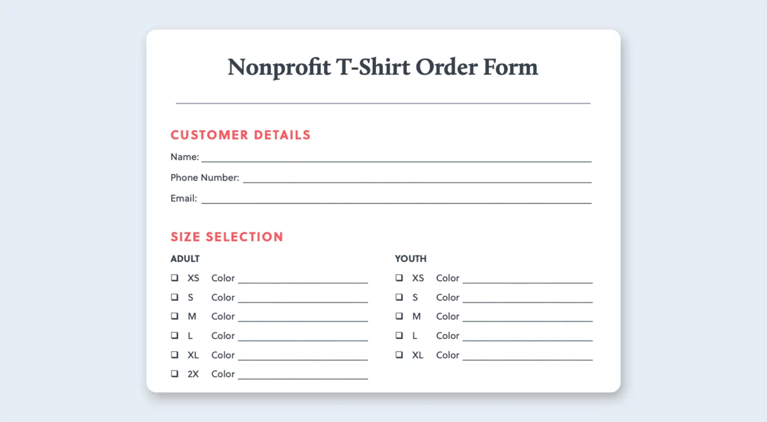 Free Printable T Shirt Order Form