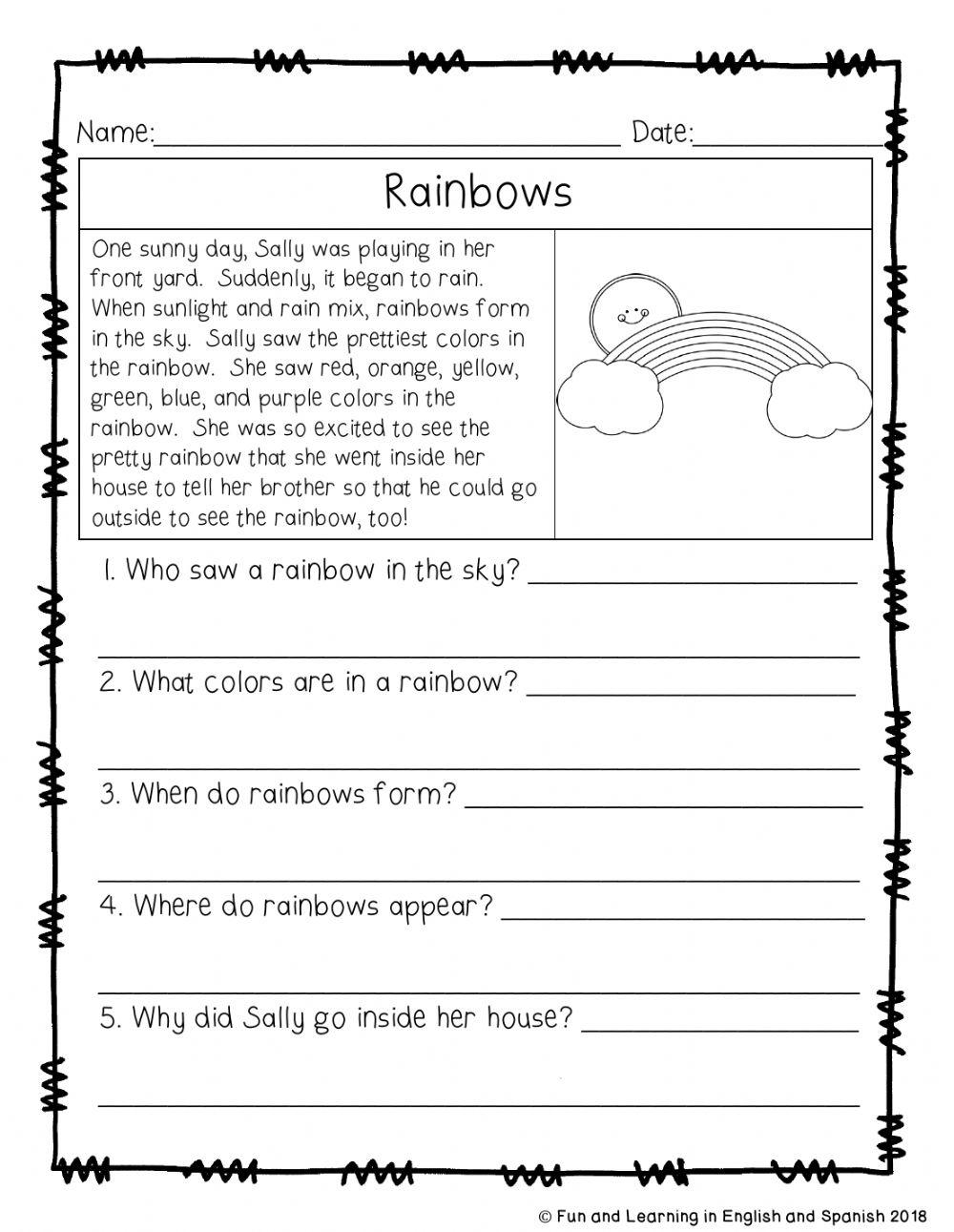 Reading Comprehension Open-Ended Questions Worksheets